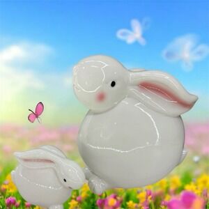 Holiday Home Two Ceramic Bunny Rabbits Momma Baby White with Pink Cheeks Heavy